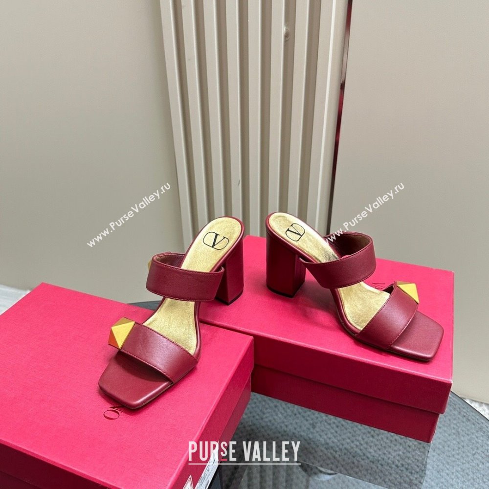 Valentino Roman Stud Heel Slide Sandals in Calfskin Burgundy 2024 0612 (KL-240612010)