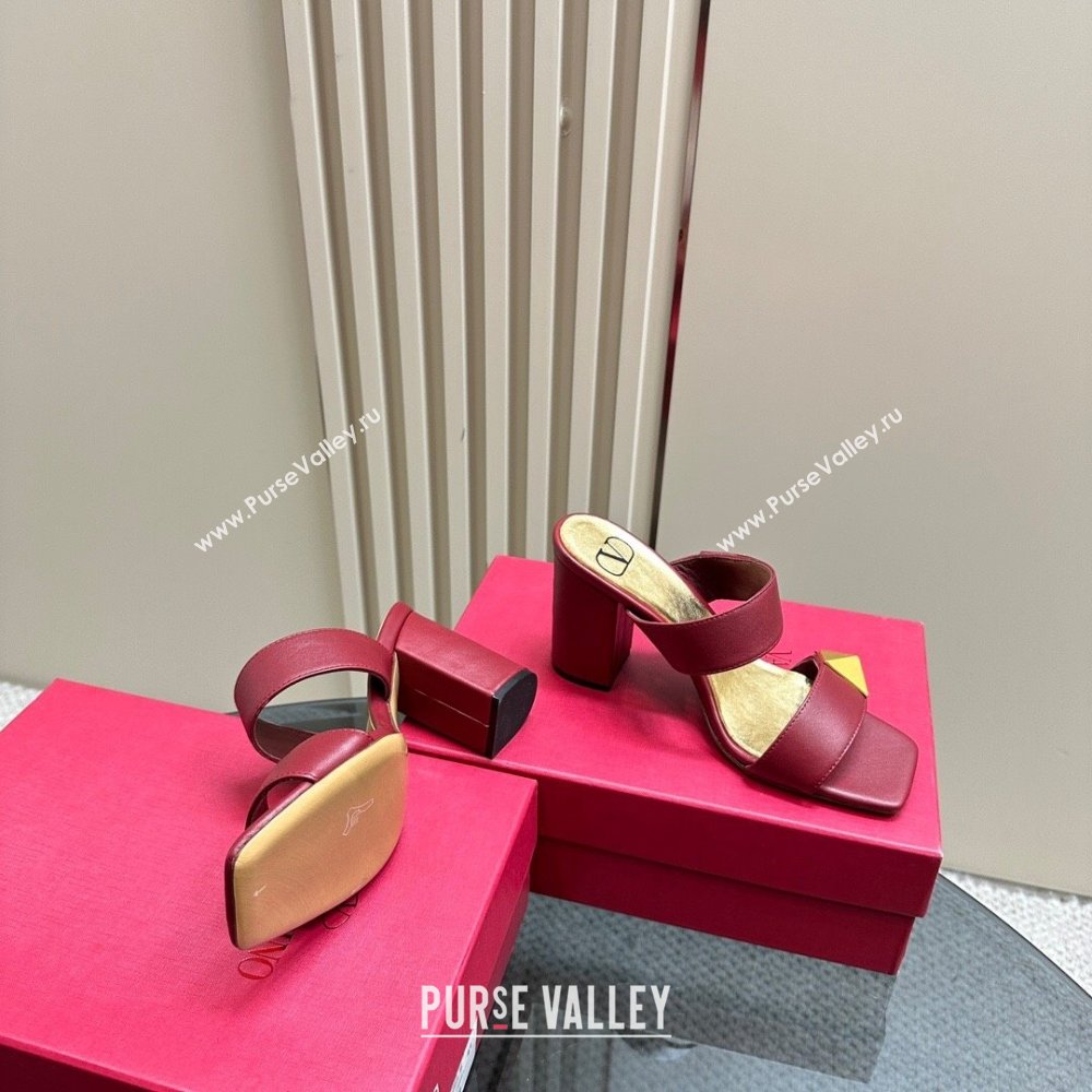 Valentino Roman Stud Heel Slide Sandals in Calfskin Burgundy 2024 0612 (KL-240612010)