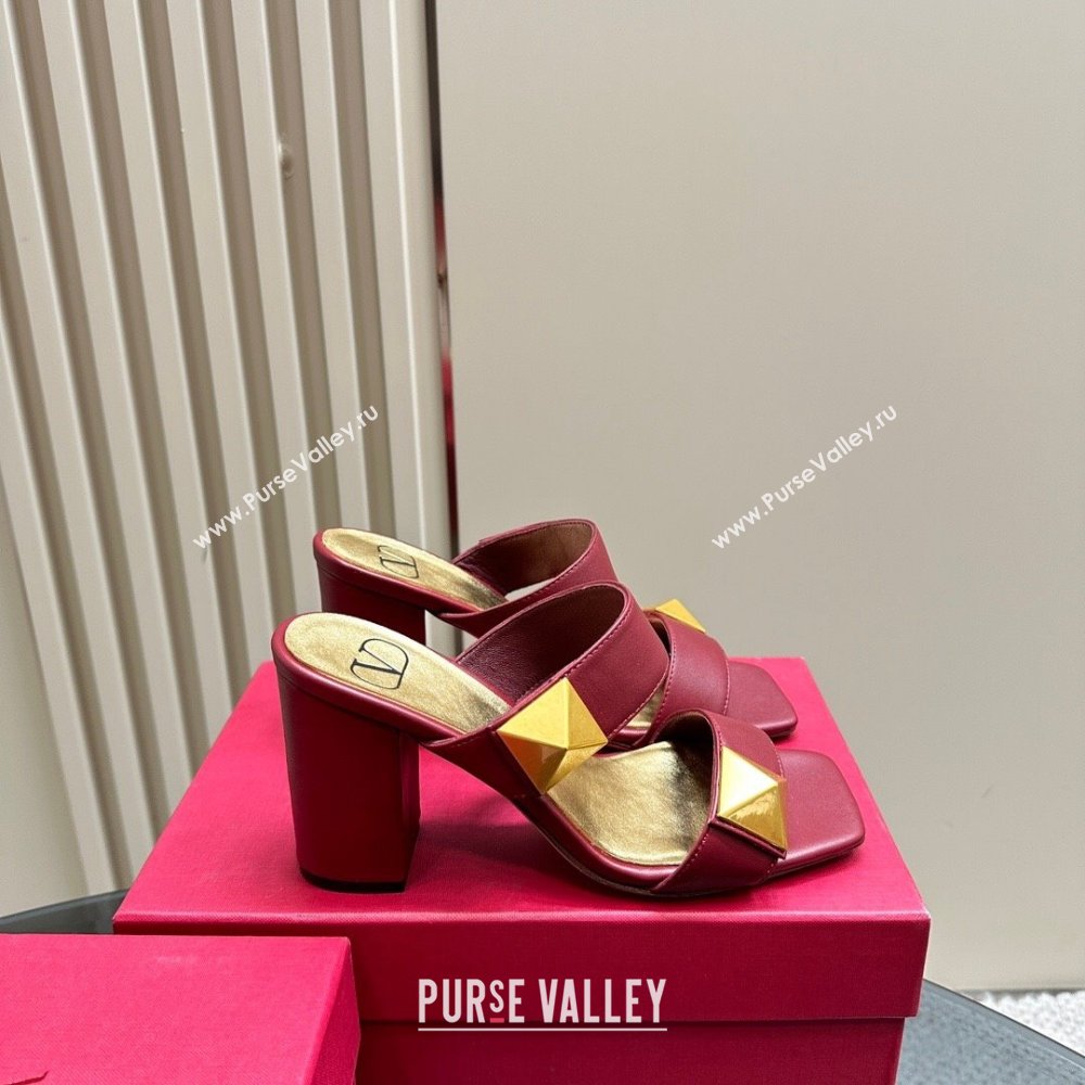 Valentino Roman Stud Heel Slide Sandals in Calfskin Burgundy 2024 0612 (KL-240612010)