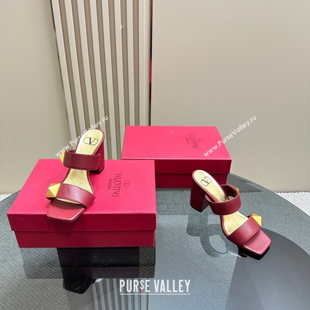 Valentino Roman Stud Heel Slide Sandals in Calfskin Burgundy 2024 0612 (KL-240612010)