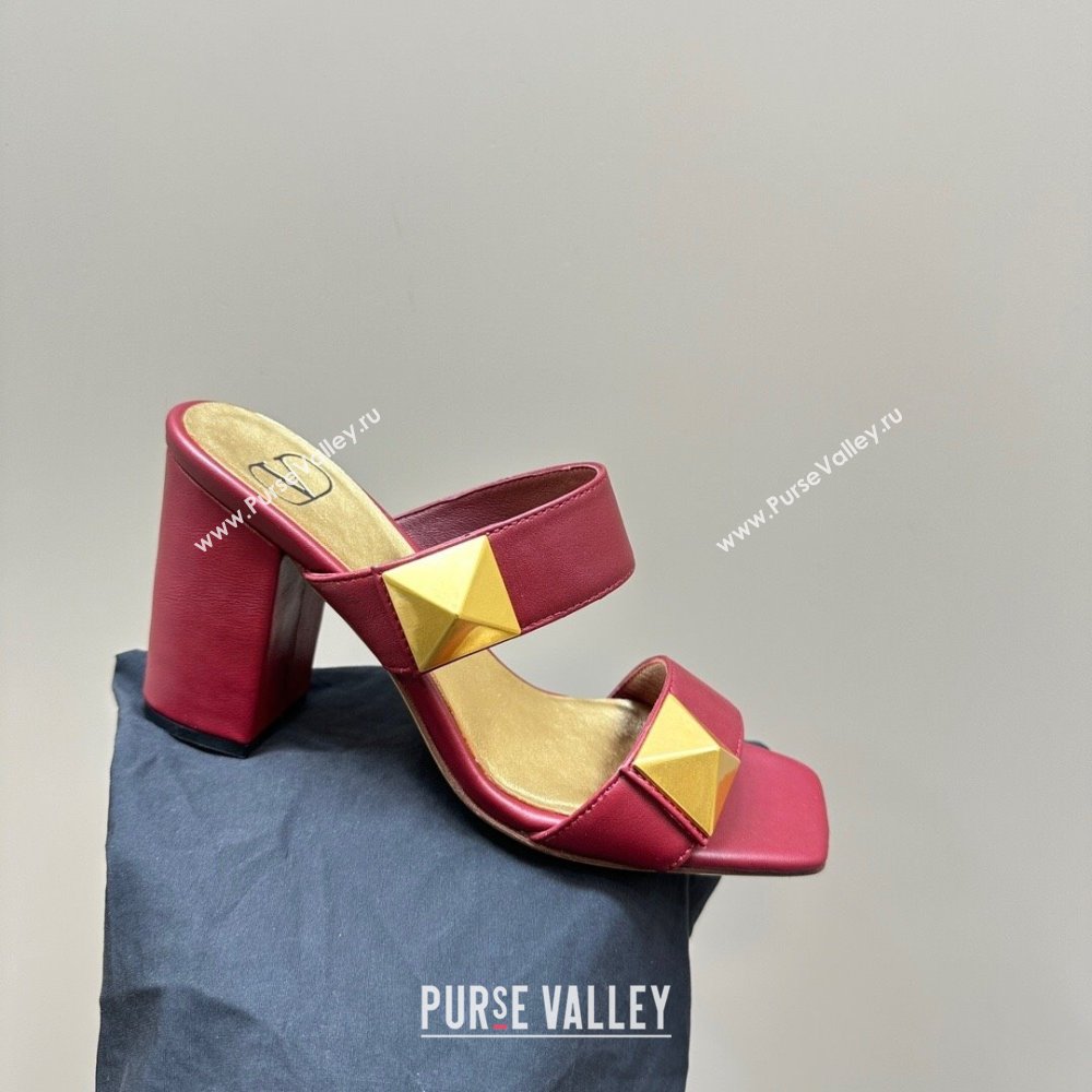 Valentino Roman Stud Heel Slide Sandals in Calfskin Burgundy 2024 0612 (KL-240612010)