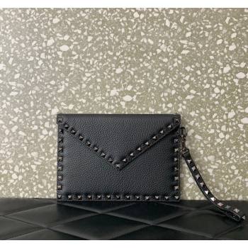 Valentino Rockstud Grainy Calfskin pouch Black/Gunmetal 2024 VLTN053 (LN-240624022)