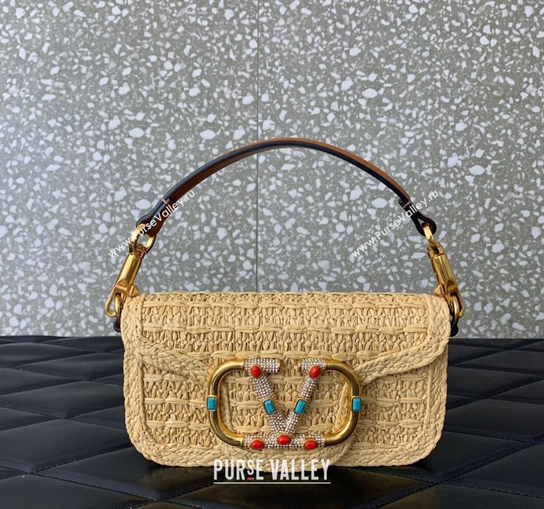 Valentino Loco Small Shoulder Bag in Raffia Straw with Jewel Logo Beige/Brown 2024 5016 (LN-240624005)