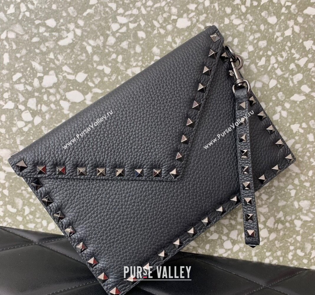 Valentino Rockstud Grainy Calfskin pouch Black/Gunmetal 2024 VLTN053 (LN-240624022)