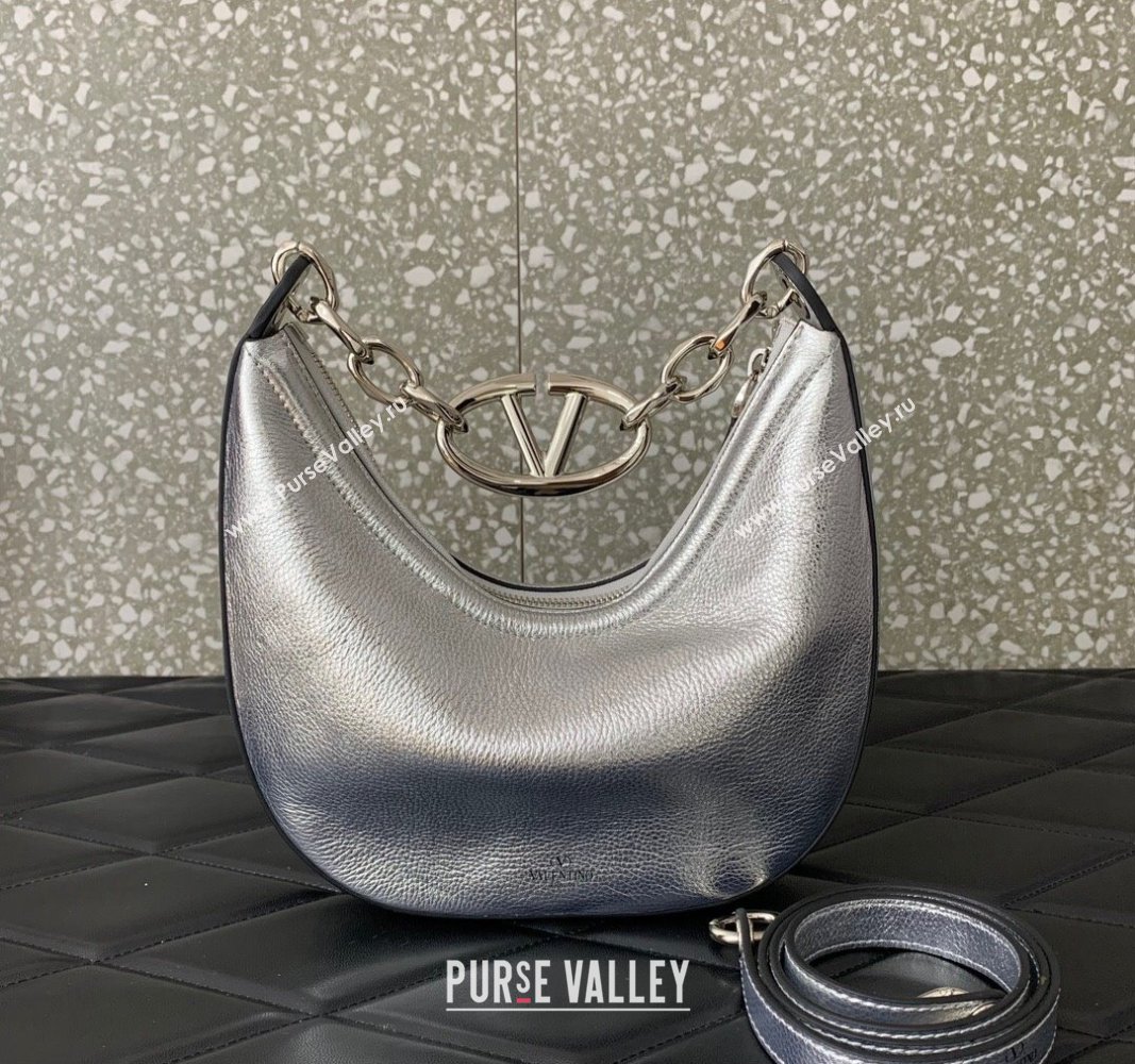 Valentino VLogo Moon Mini Hobo Bag in Nappa Leather with Chain Silver 2024 VLTN0096 (LN-240624023)