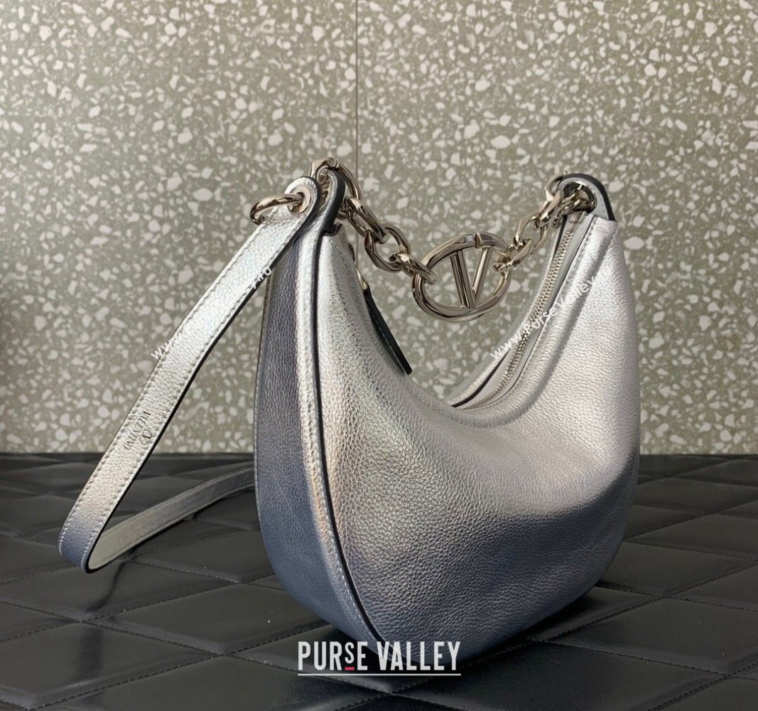 Valentino VLogo Moon Mini Hobo Bag in Nappa Leather with Chain Silver 2024 VLTN0096 (LN-240624023)