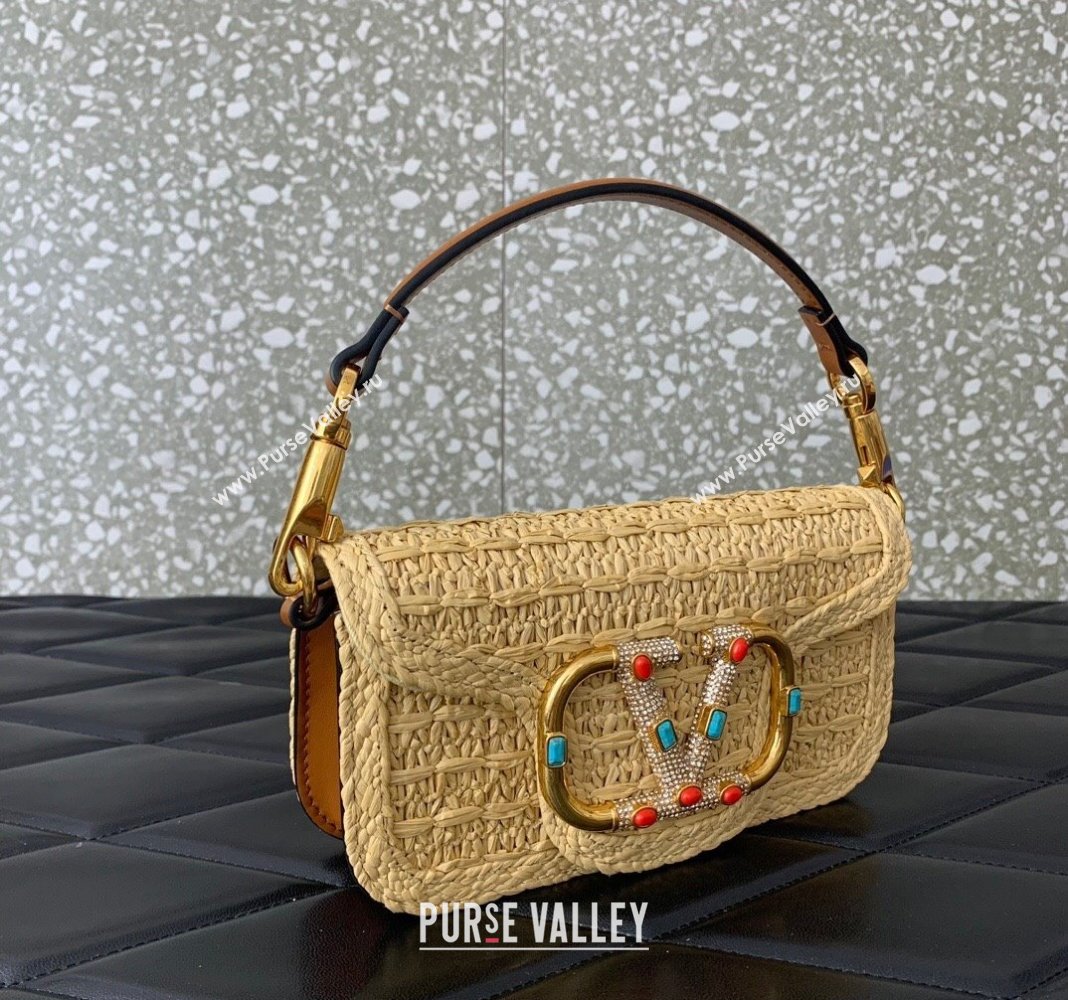 Valentino Loco Small Shoulder Bag in Raffia Straw with Jewel Logo Beige/Brown 2024 5016 (LN-240624005)