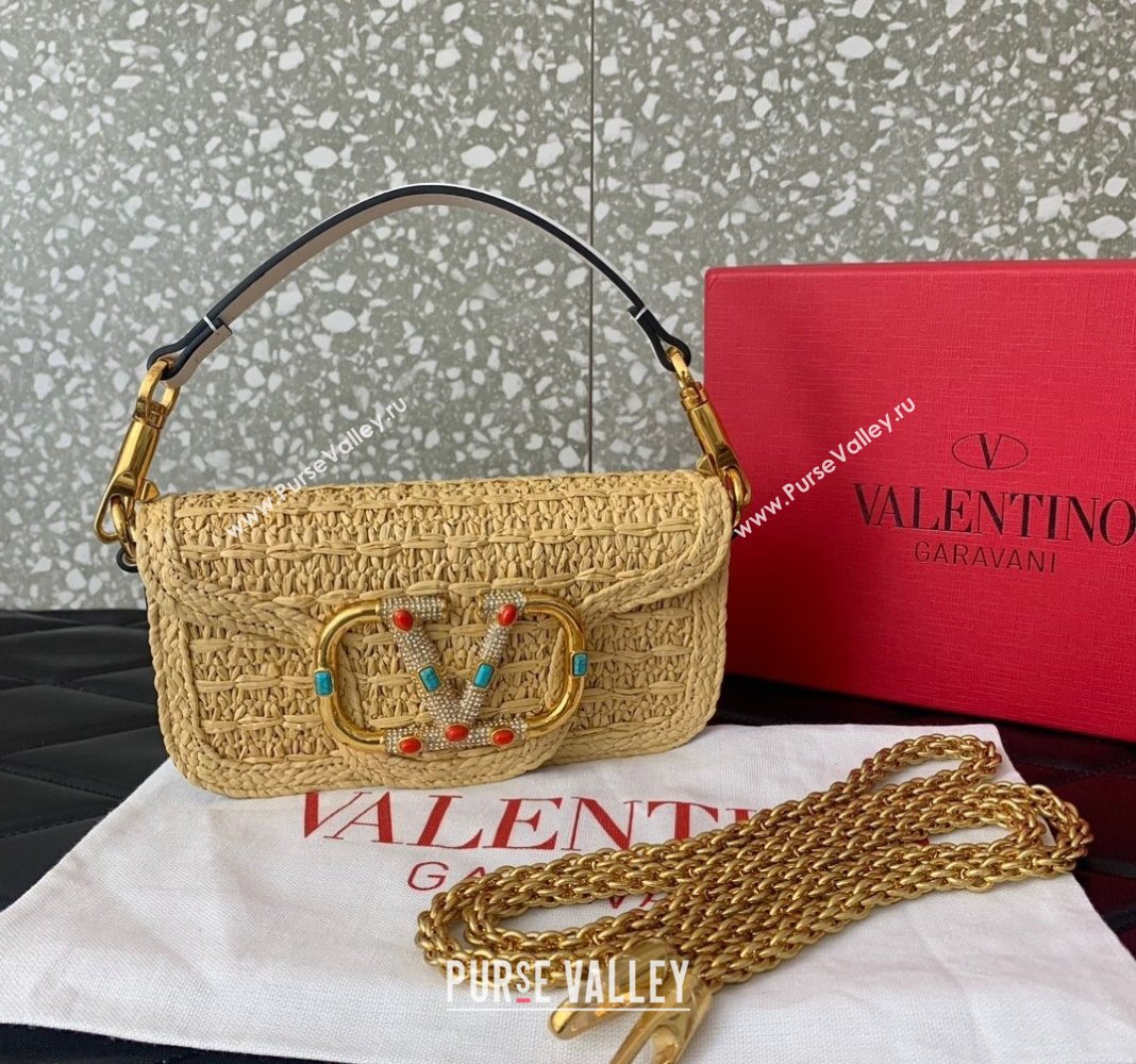 Valentino Loco Small Shoulder Bag in Raffia Straw with Jewel Logo Beige/Brown 2024 5016 (LN-240624005)