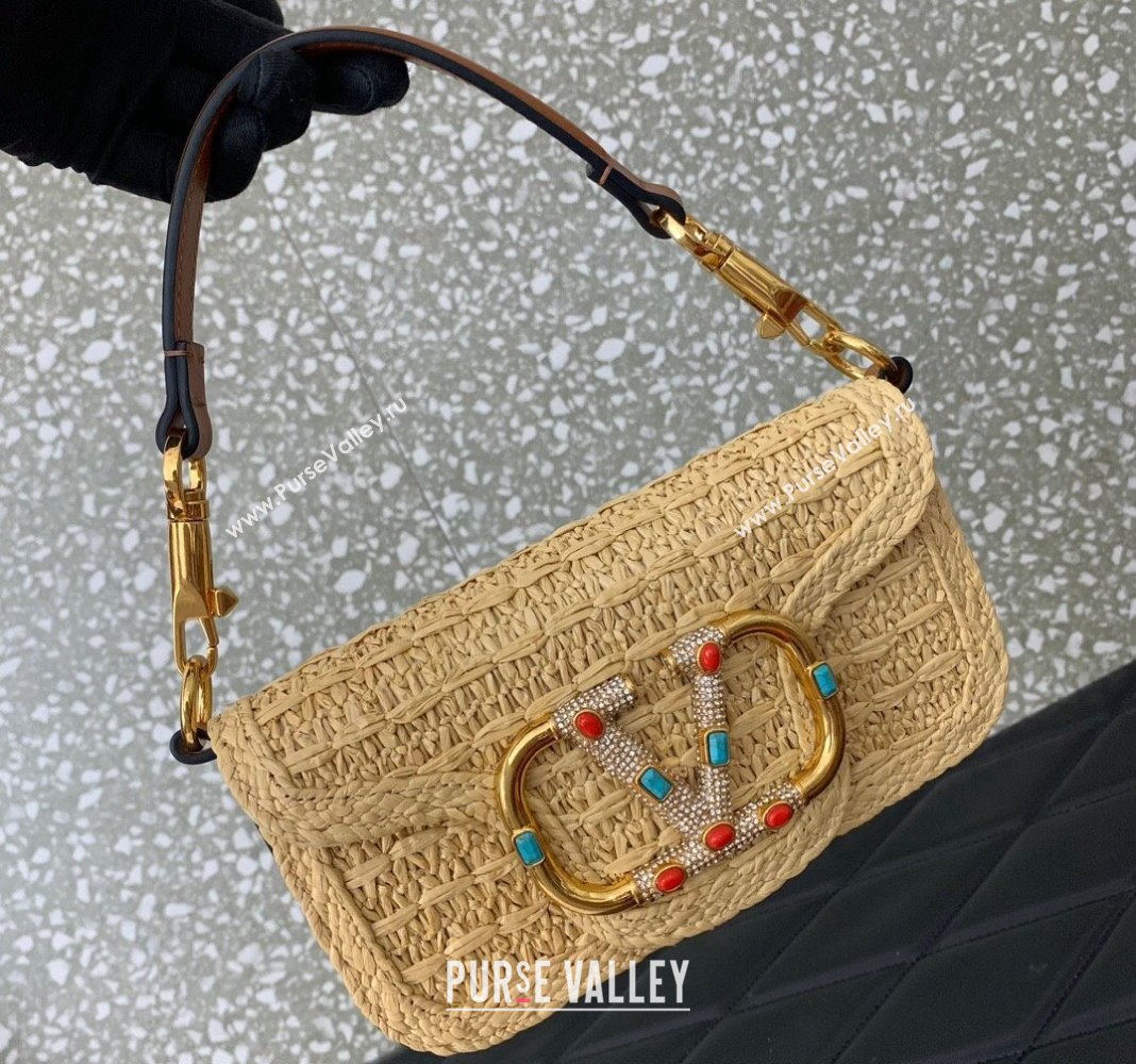 Valentino Loco Small Shoulder Bag in Raffia Straw with Jewel Logo Beige/Brown 2024 5016 (LN-240624005)