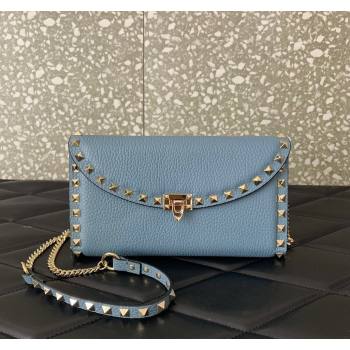 Valentino Rockstud Wallet with Chain in Grainy Calfskin Dusty Blue 2024 059 (LN-240624009)