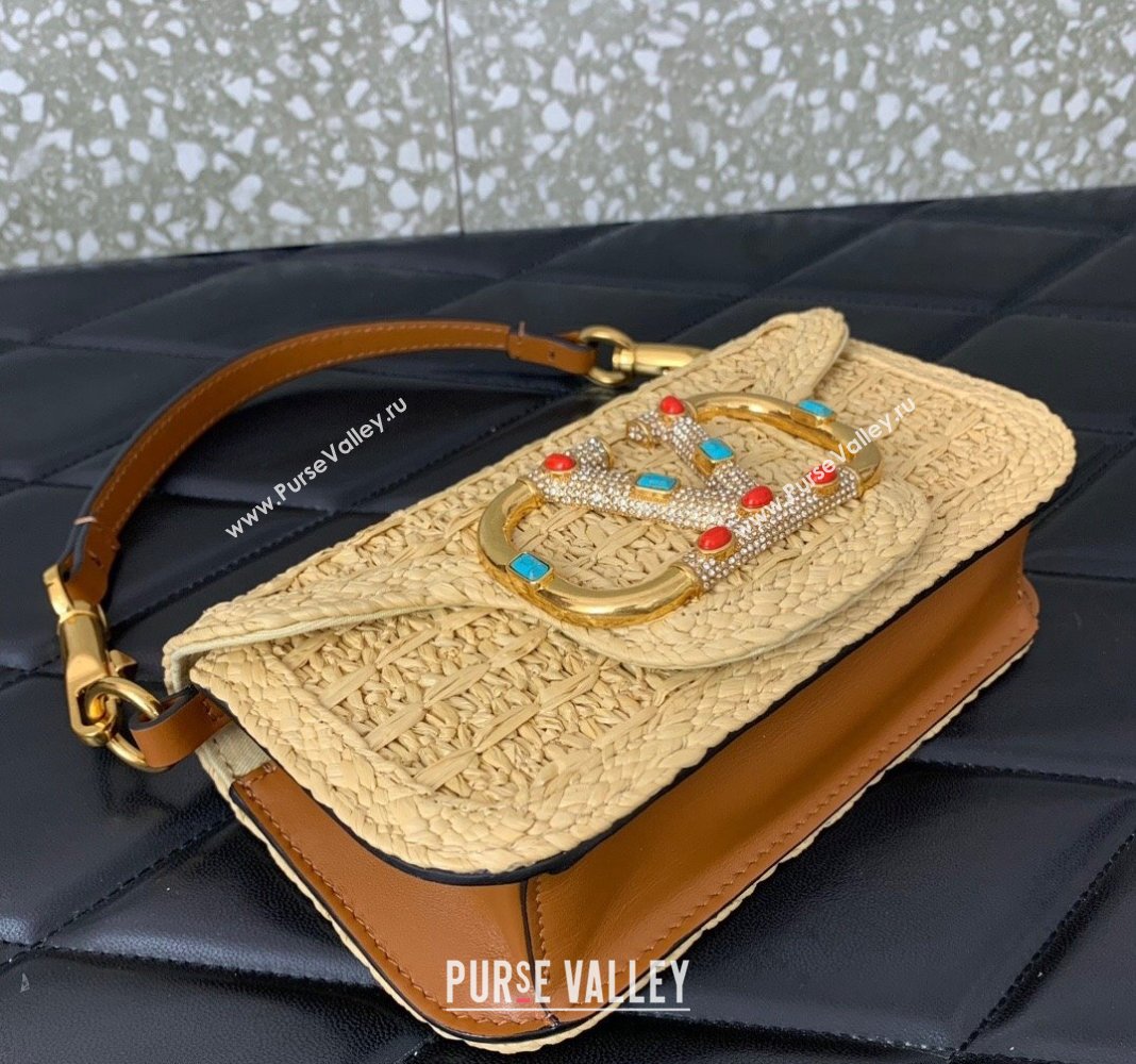 Valentino Loco Small Shoulder Bag in Raffia Straw with Jewel Logo Beige/Brown 2024 5016 (LN-240624005)