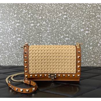 Valentino Rockstud Raffia Straw Pouch Chain Mini Bag Beige/Brown 2024 0571 (LN-240715001)