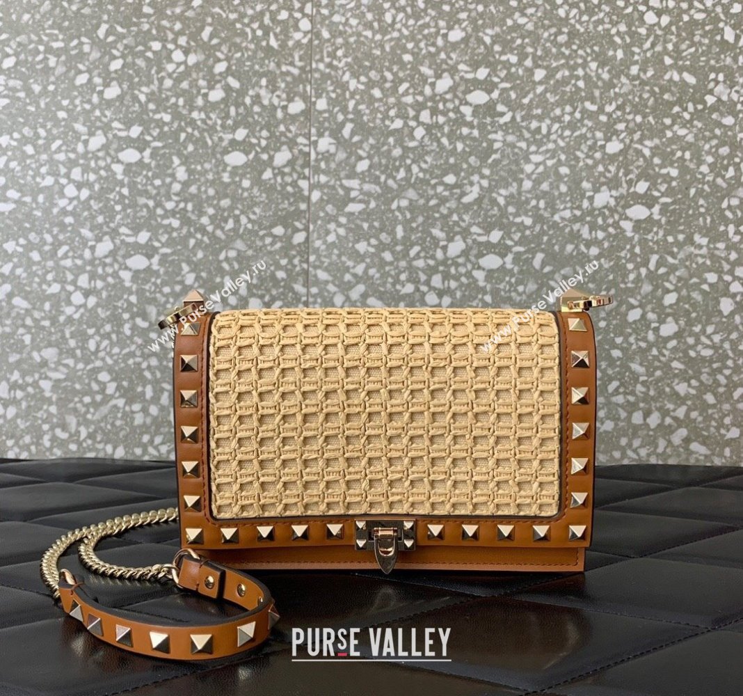 Valentino Rockstud Raffia Straw Pouch Chain Mini Bag Beige/Brown 2024 0571 (LN-240715001)