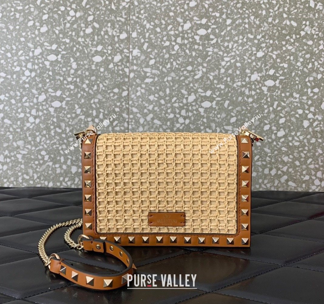 Valentino Rockstud Raffia Straw Pouch Chain Mini Bag Beige/Brown 2024 0571 (LN-240715001)