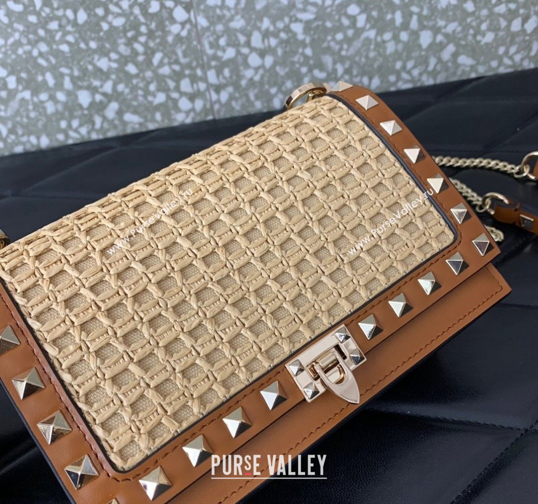 Valentino Rockstud Raffia Straw Pouch Chain Mini Bag Beige/Brown 2024 0571 (LN-240715001)