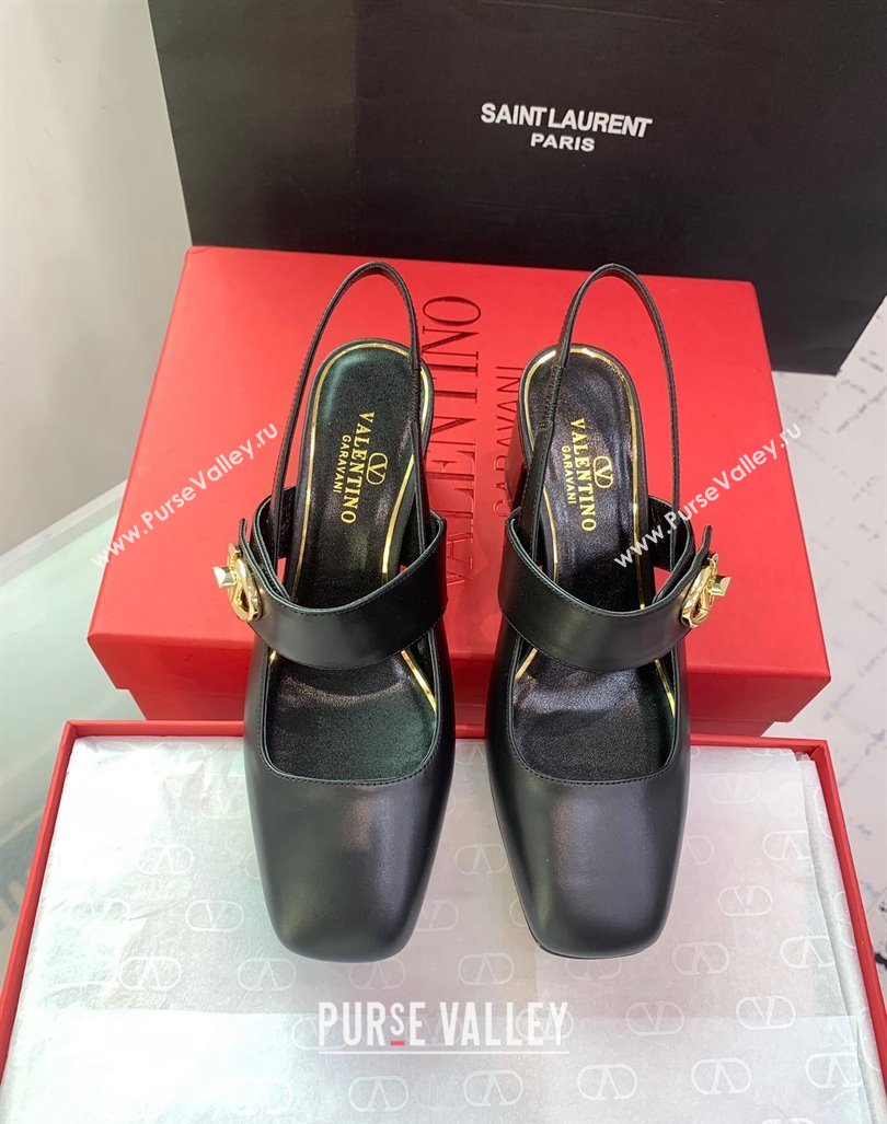 Valentino VLogo Locker Mary-Janes Slingback Pumps 6cm in Calfskin Black 2024 0725 (KER-240725027)