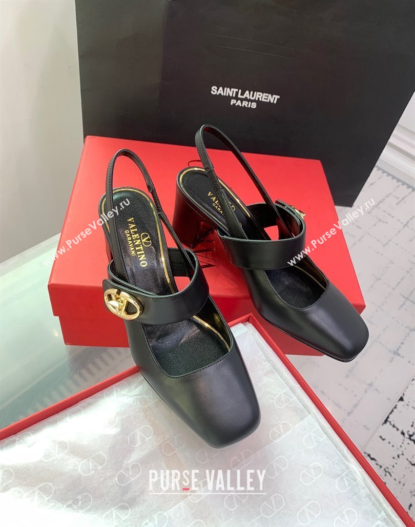 Valentino VLogo Locker Mary-Janes Slingback Pumps 6cm in Calfskin Black 2024 0725 (KER-240725027)