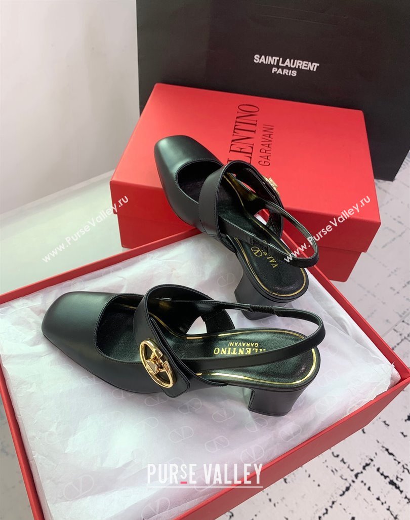 Valentino VLogo Locker Mary-Janes Slingback Pumps 6cm in Calfskin Black 2024 0725 (KER-240725027)