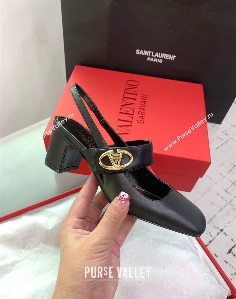 Valentino VLogo Locker Mary-Janes Slingback Pumps 6cm in Calfskin Black 2024 0725 (KER-240725027)