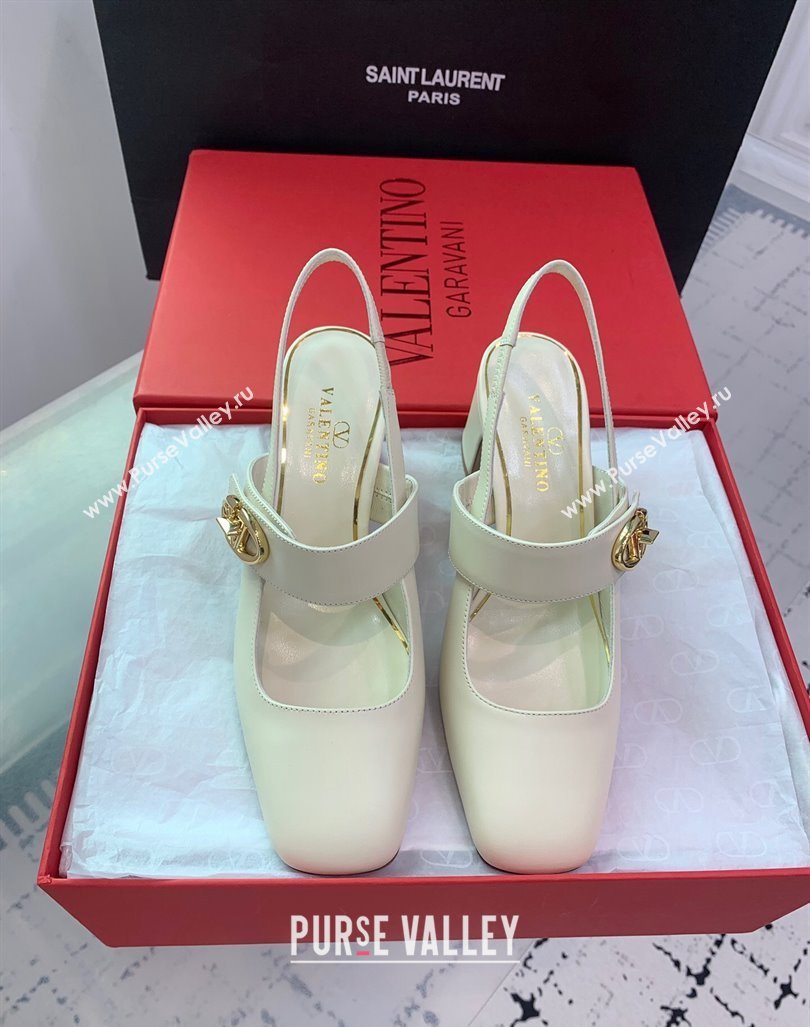 Valentino VLogo Locker Mary-Janes Slingback Pumps 6cm in Calfskin White 2024 0725 (KER-240725028)