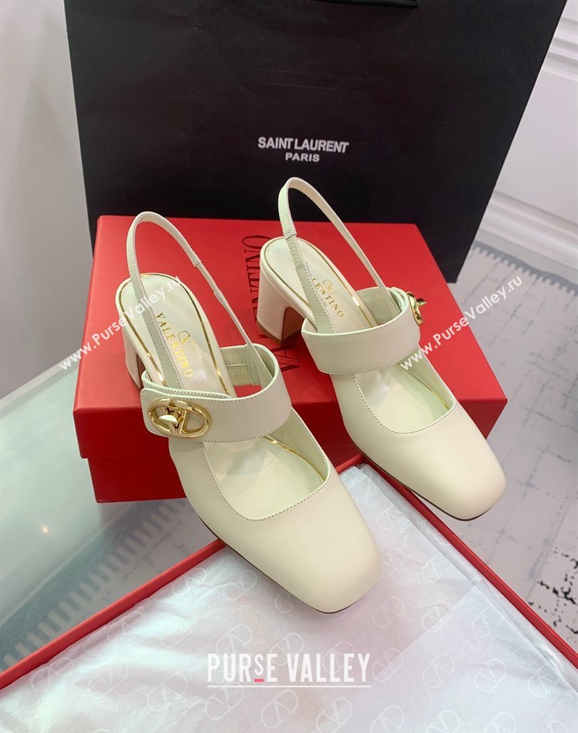 Valentino VLogo Locker Mary-Janes Slingback Pumps 6cm in Calfskin White 2024 0725 (KER-240725028)