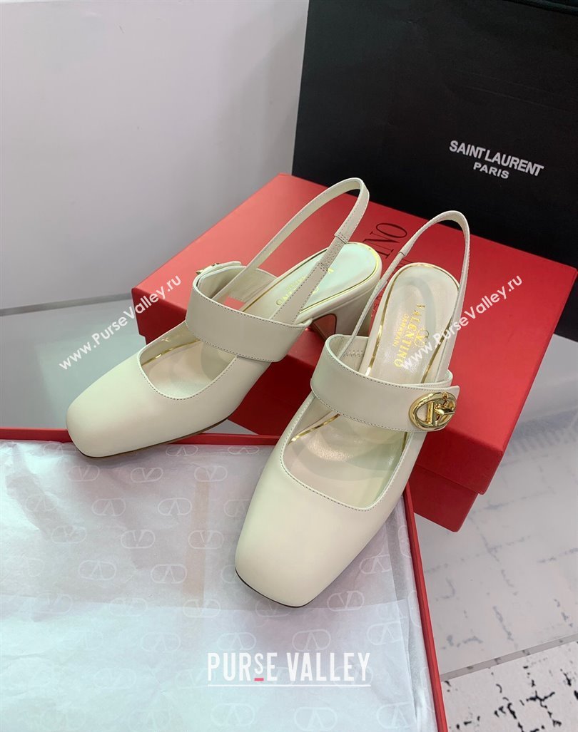 Valentino VLogo Locker Mary-Janes Slingback Pumps 6cm in Calfskin White 2024 0725 (KER-240725028)