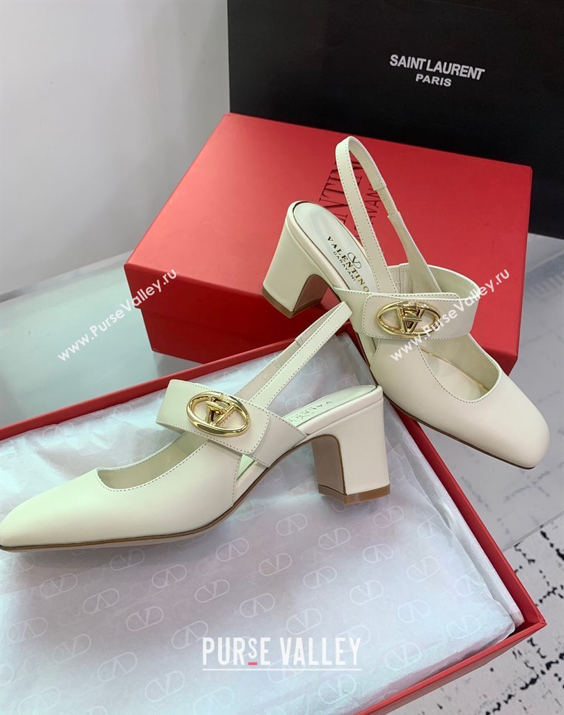 Valentino VLogo Locker Mary-Janes Slingback Pumps 6cm in Calfskin White 2024 0725 (KER-240725028)