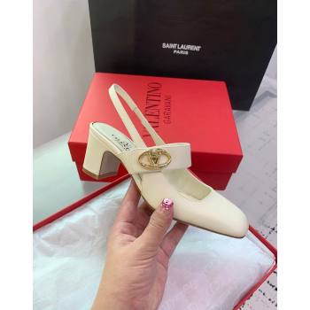 Valentino VLogo Locker Mary-Janes Slingback Pumps 6cm in Calfskin White 2024 0725 (KER-240725028)