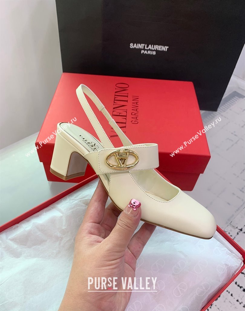 Valentino VLogo Locker Mary-Janes Slingback Pumps 6cm in Calfskin White 2024 0725 (KER-240725028)