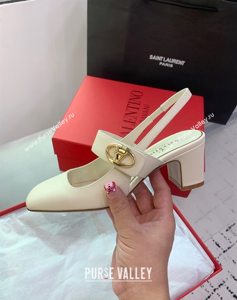 Valentino VLogo Locker Mary-Janes Slingback Pumps 6cm in Calfskin White 2024 0725 (KER-240725028)