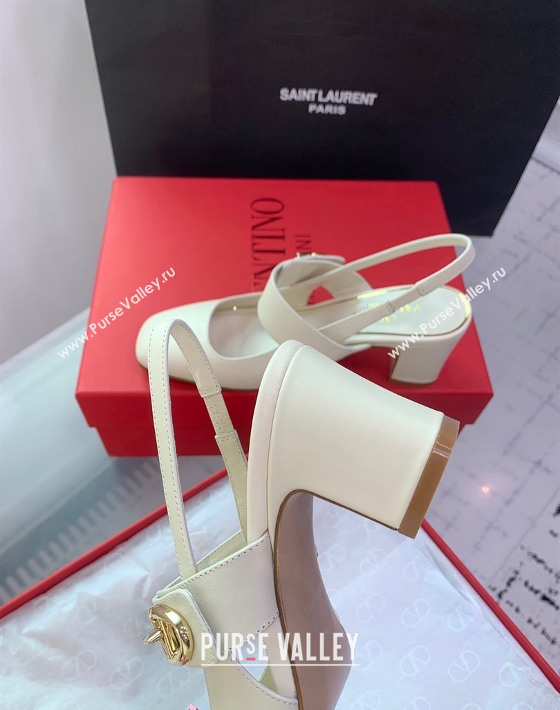 Valentino VLogo Locker Mary-Janes Slingback Pumps 6cm in Calfskin White 2024 0725 (KER-240725028)