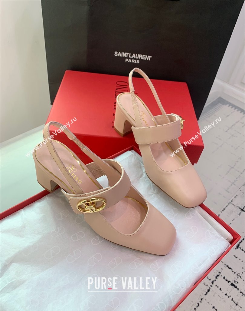 Valentino VLogo Locker Mary-Janes Slingback Pumps 6cm in Calfskin Light Pink 2024 0725 (KER-240725029)