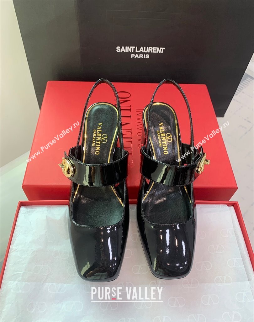 Valentino VLogo Locker Mary-Janes Slingback Pumps 6cm in Patent Leather Black 2024 0725 (KER-240725030)