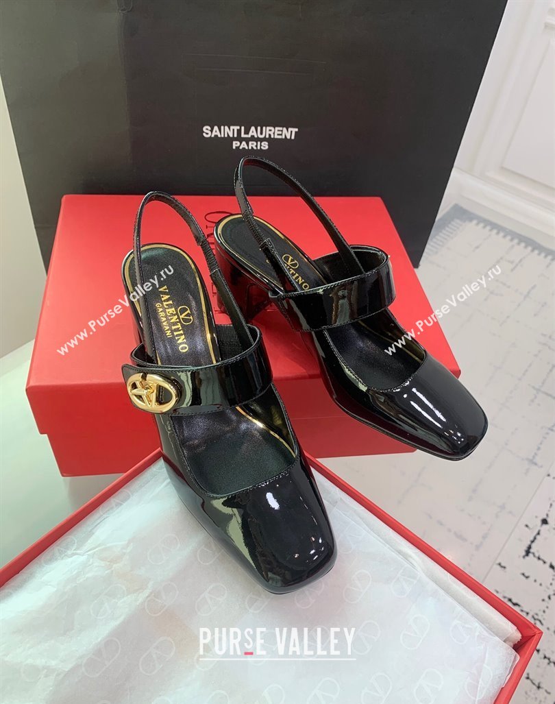 Valentino VLogo Locker Mary-Janes Slingback Pumps 6cm in Patent Leather Black 2024 0725 (KER-240725030)