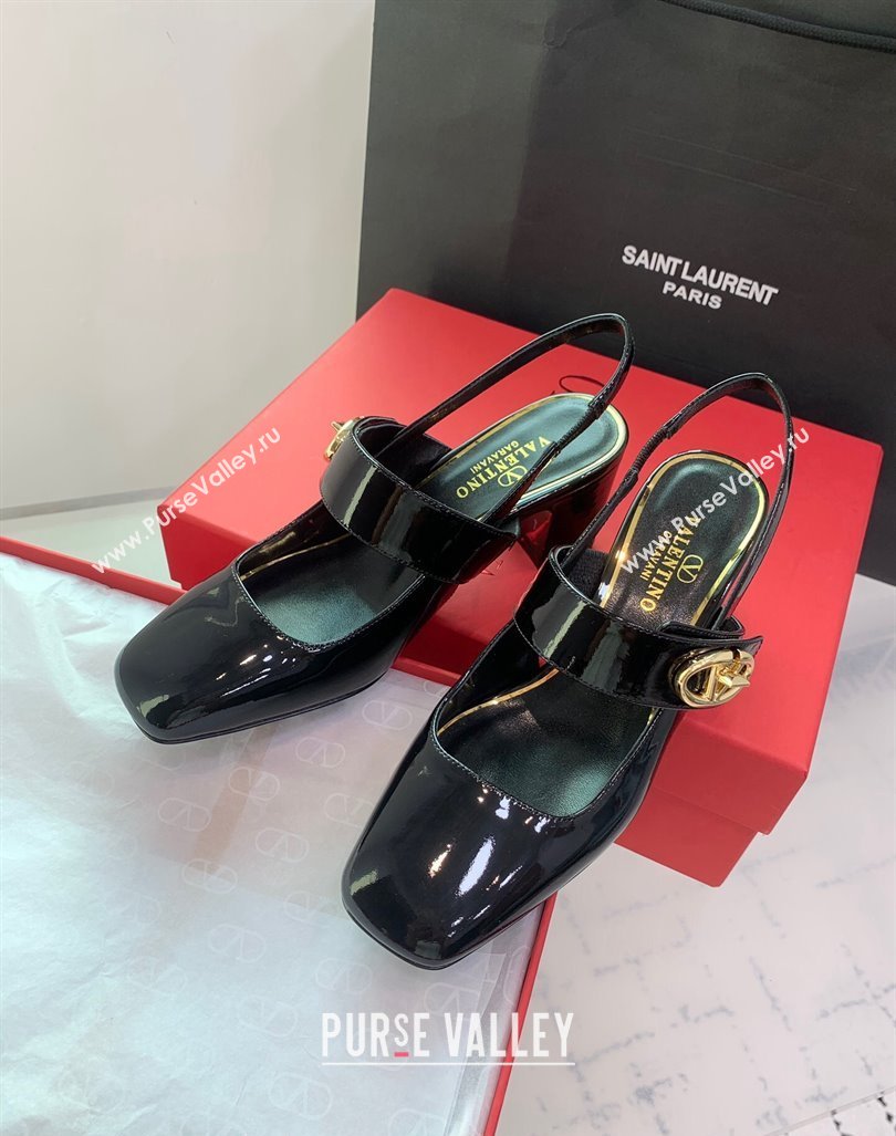 Valentino VLogo Locker Mary-Janes Slingback Pumps 6cm in Patent Leather Black 2024 0725 (KER-240725030)