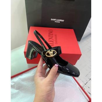 Valentino VLogo Locker Mary-Janes Slingback Pumps 6cm in Patent Leather Black 2024 0725 (KER-240725030)