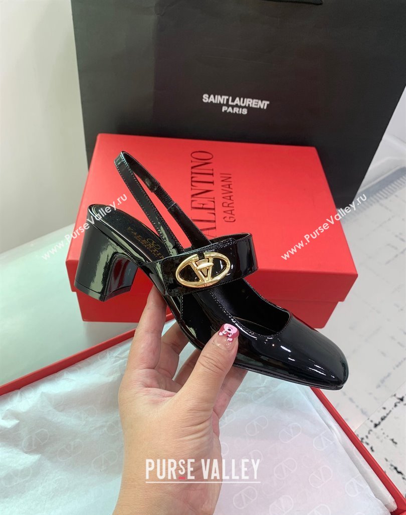 Valentino VLogo Locker Mary-Janes Slingback Pumps 6cm in Patent Leather Black 2024 0725 (KER-240725030)