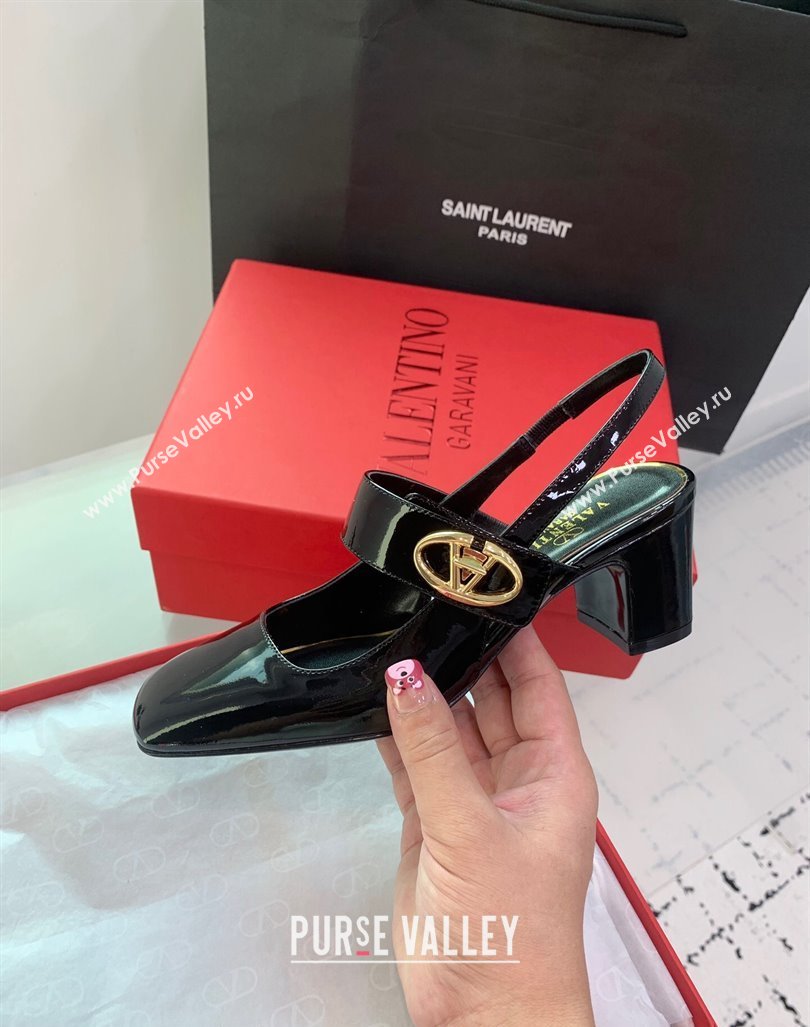 Valentino VLogo Locker Mary-Janes Slingback Pumps 6cm in Patent Leather Black 2024 0725 (KER-240725030)