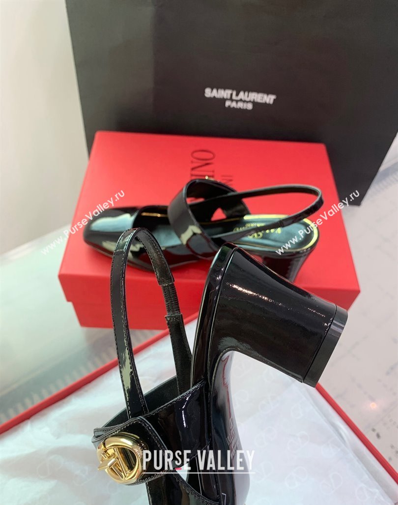 Valentino VLogo Locker Mary-Janes Slingback Pumps 6cm in Patent Leather Black 2024 0725 (KER-240725030)