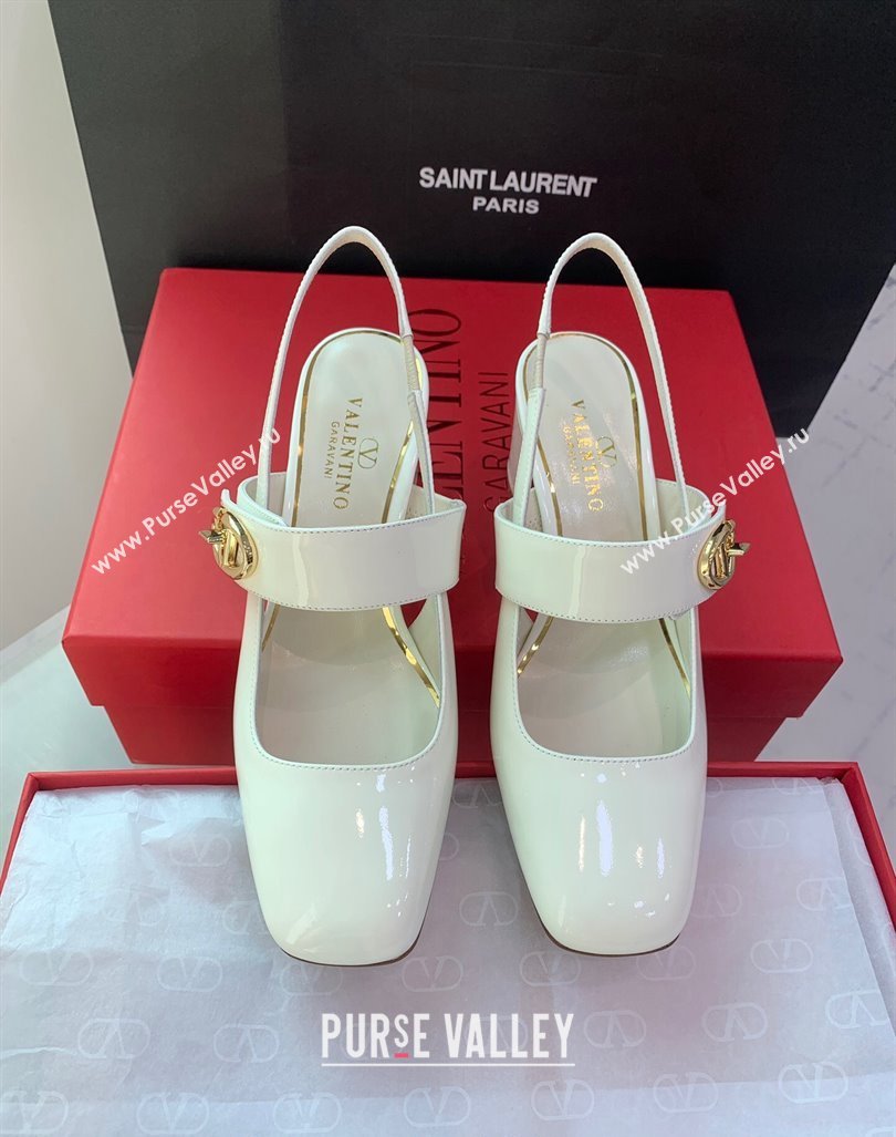 Valentino VLogo Locker Mary-Janes Slingback Pumps 6cm in Patent Leather White 2024 0725 (KER-240725031)