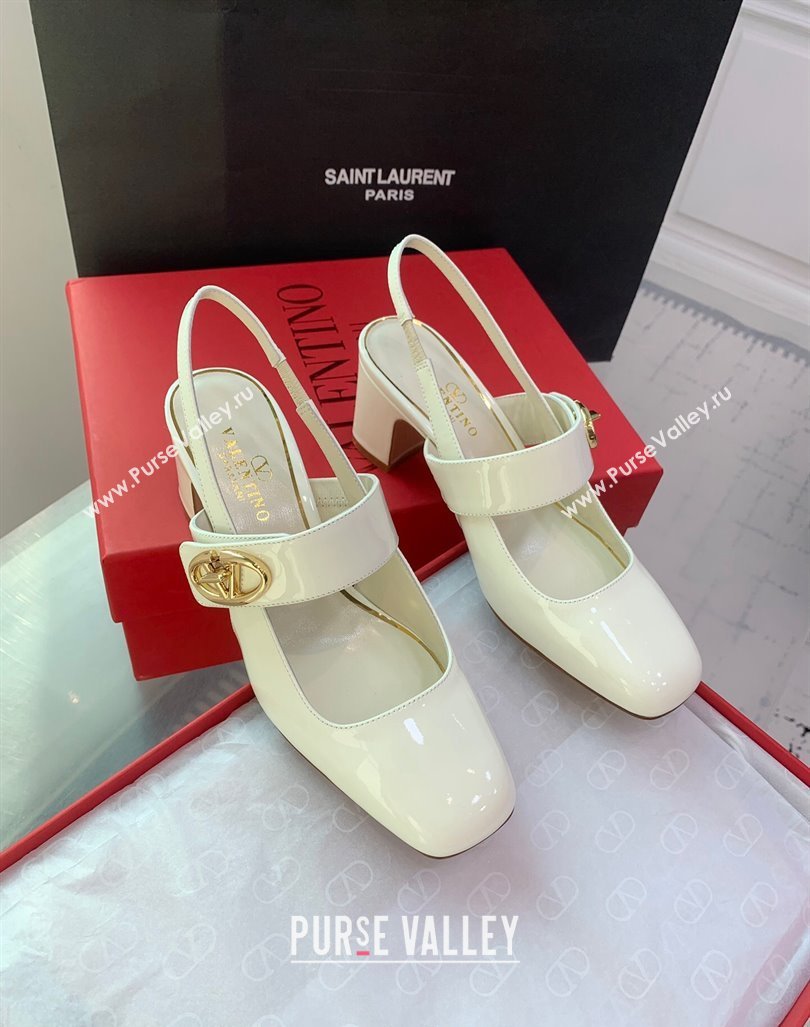 Valentino VLogo Locker Mary-Janes Slingback Pumps 6cm in Patent Leather White 2024 0725 (KER-240725031)