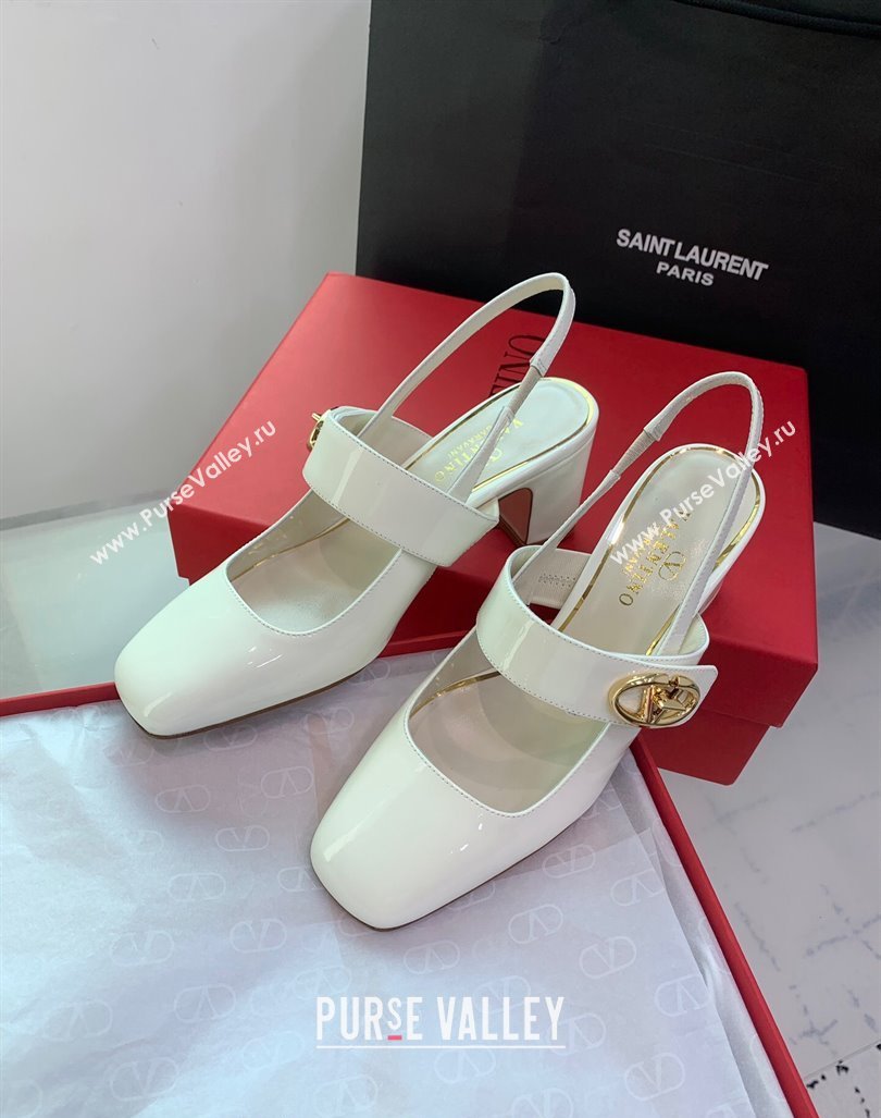 Valentino VLogo Locker Mary-Janes Slingback Pumps 6cm in Patent Leather White 2024 0725 (KER-240725031)