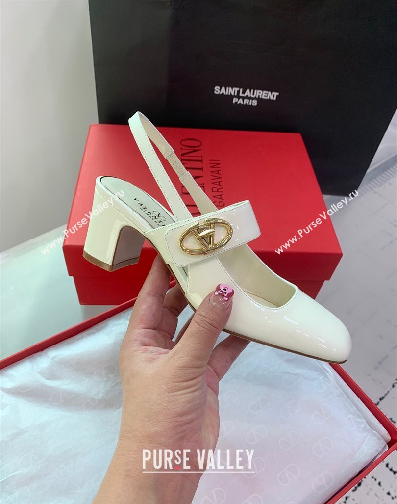 Valentino VLogo Locker Mary-Janes Slingback Pumps 6cm in Patent Leather White 2024 0725 (KER-240725031)