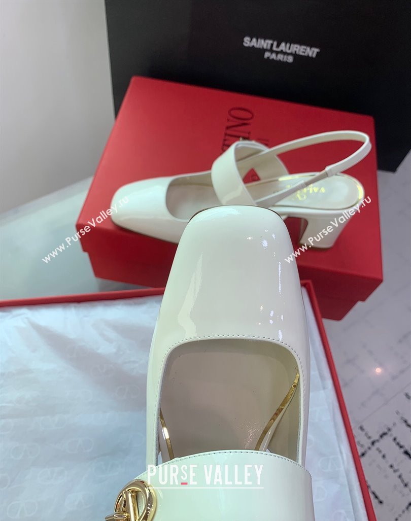 Valentino VLogo Locker Mary-Janes Slingback Pumps 6cm in Patent Leather White 2024 0725 (KER-240725031)