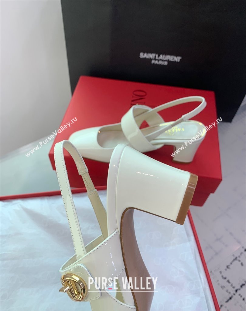 Valentino VLogo Locker Mary-Janes Slingback Pumps 6cm in Patent Leather White 2024 0725 (KER-240725031)