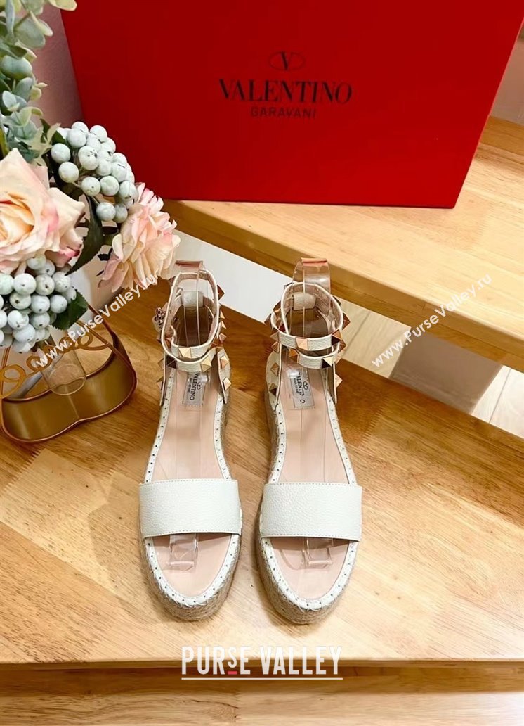 Valentino Rockstud Grainy Calfskin Platform Espadrille Sandals White 2024 0725 (HB-240725019)