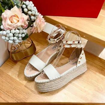 Valentino Rockstud Grainy Calfskin Platform Espadrille Sandals White 2024 0725 (HB-240725019)