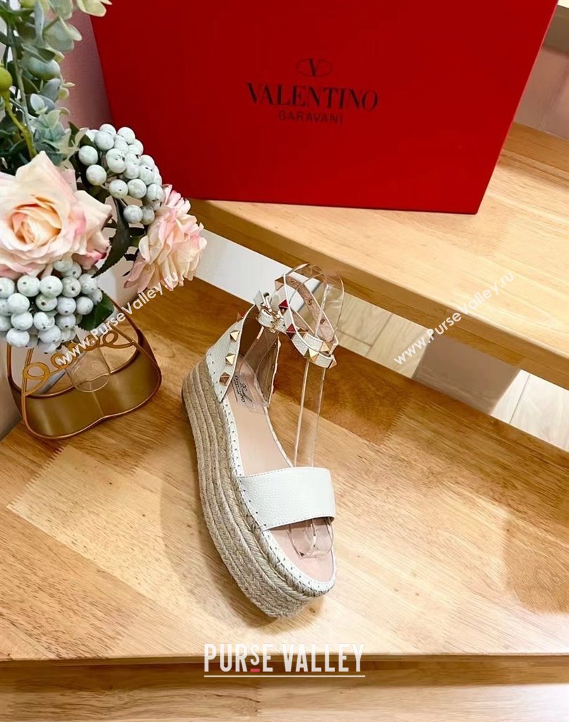 Valentino Rockstud Grainy Calfskin Platform Espadrille Sandals White 2024 0725 (HB-240725019)