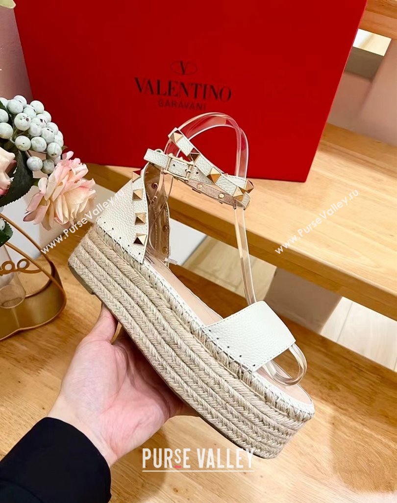 Valentino Rockstud Grainy Calfskin Platform Espadrille Sandals White 2024 0725 (HB-240725019)