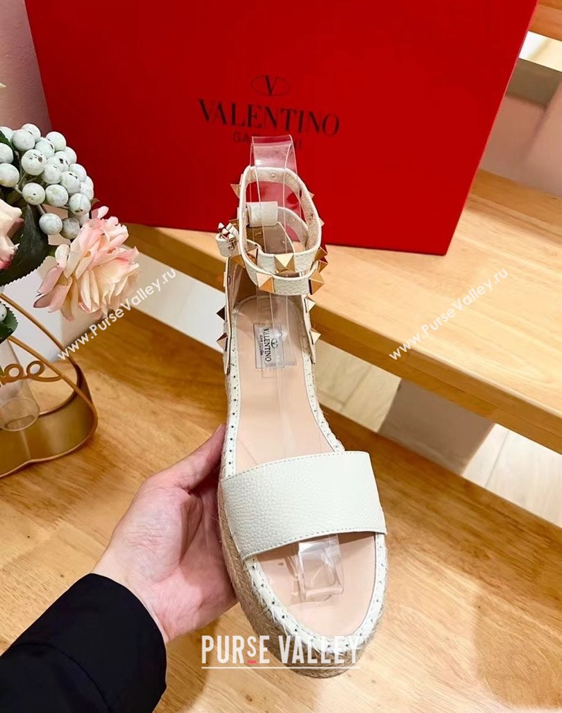 Valentino Rockstud Grainy Calfskin Platform Espadrille Sandals White 2024 0725 (HB-240725019)